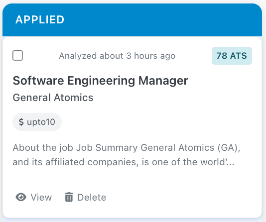 Application card with ATS score and actions