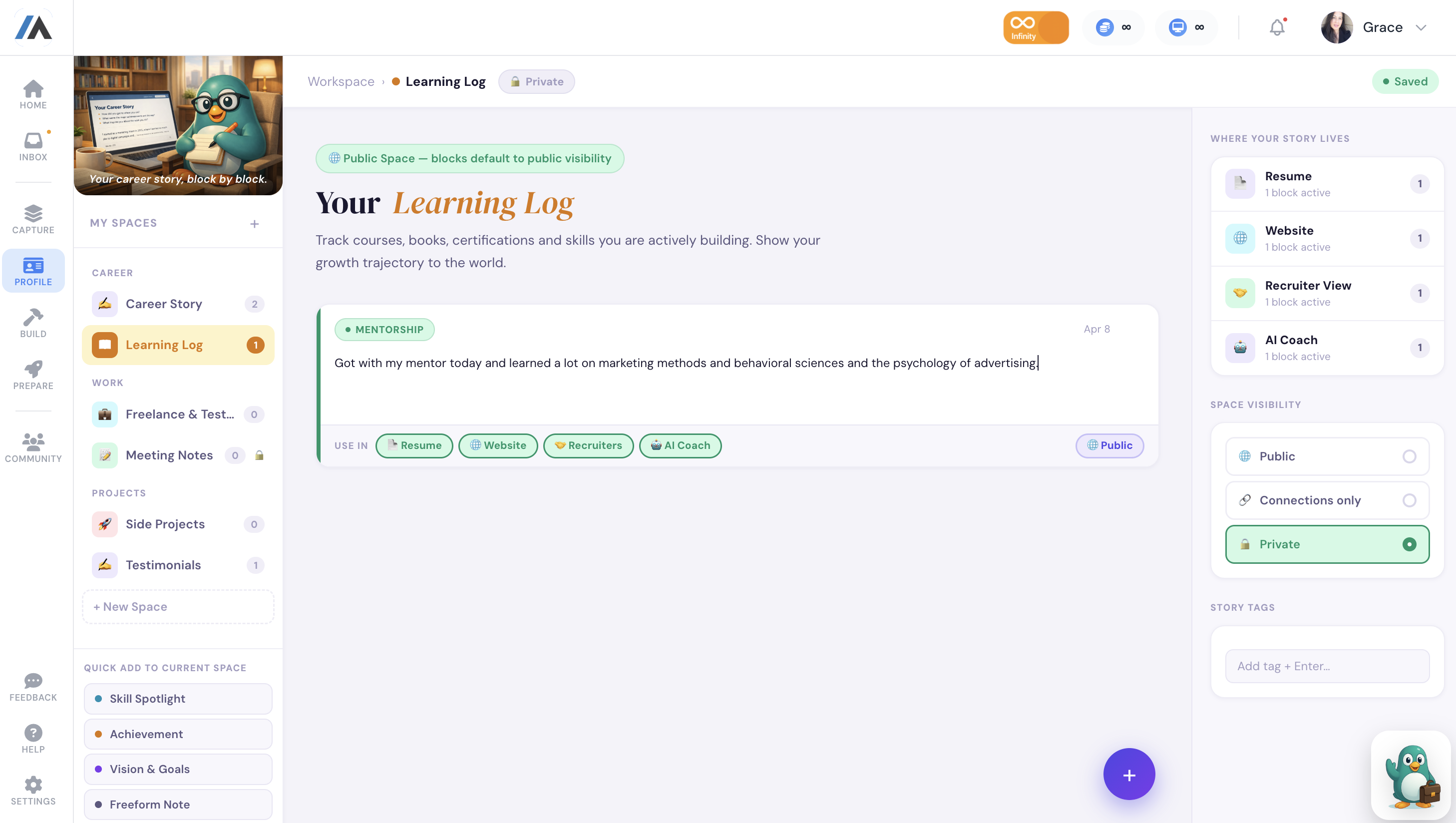 ViaSkill Career Story — a Notion-style log of achievements and spaces